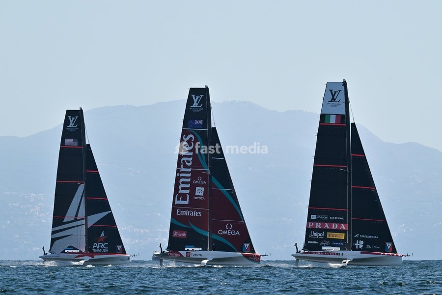Arc Team Usa Team, Emirates Team New Zealand Team, Luna Rossa Team during the Americas Cup Preliminary Regatta Sailing Day 1 at the Race Village on 24th September 2026 in Naples, Italy