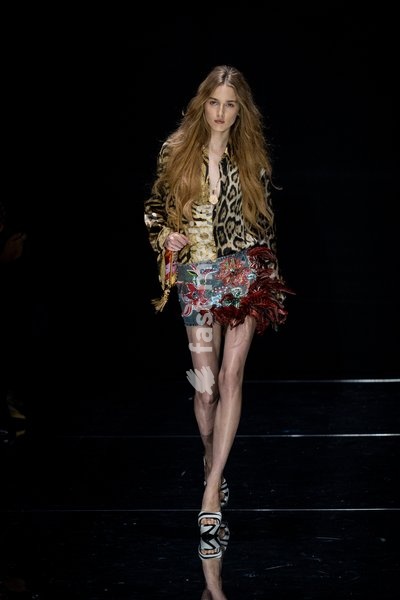 A model walks the runway at Roberto Cavalli fashion show during the Milan Fashion Week - Womenswear Spring/Summer 2027 in Milan, Italy, on 24 September 2026