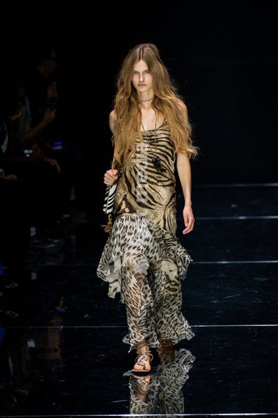 A model walks the runway at Roberto Cavalli fashion show during the Milan Fashion Week - Womenswear Spring/Summer 2027 in Milan, Italy, on 24 September 2026