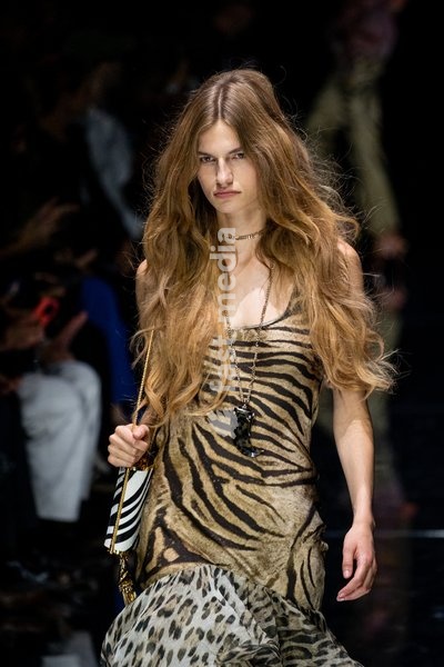 A model walks the runway at Roberto Cavalli fashion show during the Milan Fashion Week - Womenswear Spring/Summer 2027 in Milan, Italy, on 24 September 2026