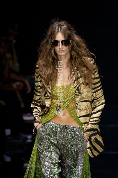 A model walks the runway at Roberto Cavalli fashion show during the Milan Fashion Week - Womenswear Spring/Summer 2027 in Milan, Italy, on 24 September 2026