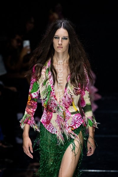 A model walks the runway at Roberto Cavalli fashion show during the Milan Fashion Week - Womenswear Spring/Summer 2027 in Milan, Italy, on 24 September 2026
