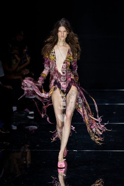 A model walks the runway at Roberto Cavalli fashion show during the Milan Fashion Week - Womenswear Spring/Summer 2027 in Milan, Italy, on 24 September 2026