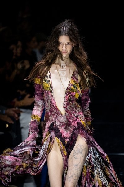 A model walks the runway at Roberto Cavalli fashion show during the Milan Fashion Week - Womenswear Spring/Summer 2027 in Milan, Italy, on 24 September 2026