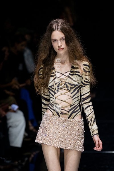 A model walks the runway at Roberto Cavalli fashion show during the Milan Fashion Week - Womenswear Spring/Summer 2027 in Milan, Italy, on 24 September 2026