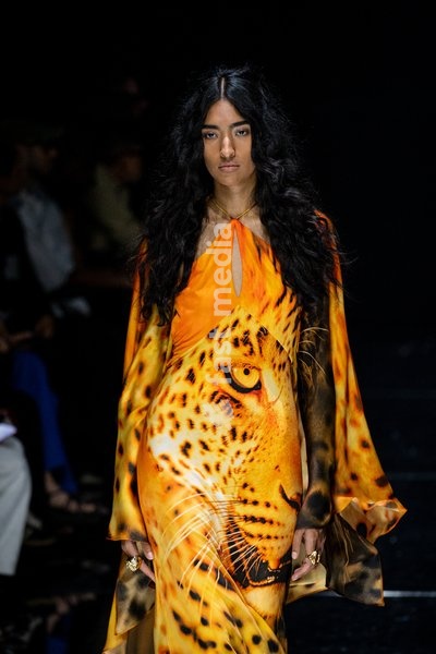 A model walks the runway at Roberto Cavalli fashion show during the Milan Fashion Week - Womenswear Spring/Summer 2027 in Milan, Italy, on 24 September 2026