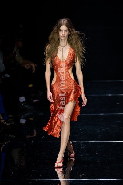 A model walks the runway at Roberto Cavalli fashion show during the Milan Fashion Week - Womenswear Spring/Summer 2027 in Milan, Italy, on 24 September 2026