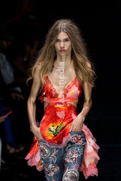 A model walks the runway at Roberto Cavalli fashion show during the Milan Fashion Week - Womenswear Spring/Summer 2027 in Milan, Italy, on 24 September 2026