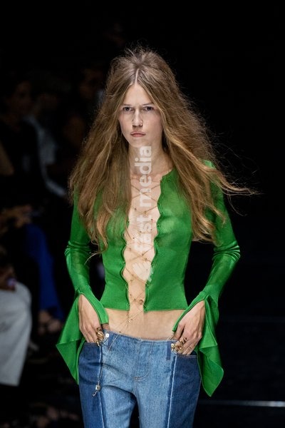 A model walks the runway at Roberto Cavalli fashion show during the Milan Fashion Week - Womenswear Spring/Summer 2027 in Milan, Italy, on 24 September 2026