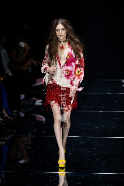A model walks the runway at Roberto Cavalli fashion show during the Milan Fashion Week - Womenswear Spring/Summer 2027 in Milan, Italy, on 24 September 2026