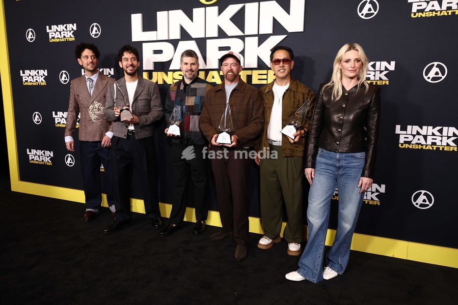 Colin Brittain, Mike Shinoda, Bradford Phillip Delson, Dave Farrell, Joseph Hahn and Emily Armstrong at the World Premiere Of Trafalgar Releasing's 'Linkin Park: Unshattered' held at the AMC The Grove 14 on September 24, 2026 in Beverly Grove, Los Angeles, California, United States