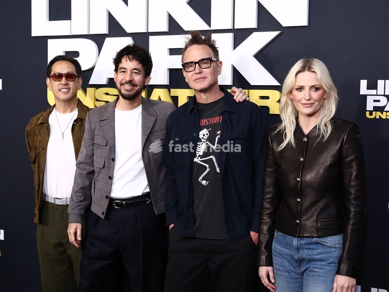 Joseph Hahn, Mike Shinoda, Mark Hoppus and Emily Armstrong at the World Premiere Of Trafalgar Releasing's 'Linkin Park: Unshattered' held at the AMC The Grove 14 on September 24, 2026 in Beverly Grove, Los Angeles, California, United States