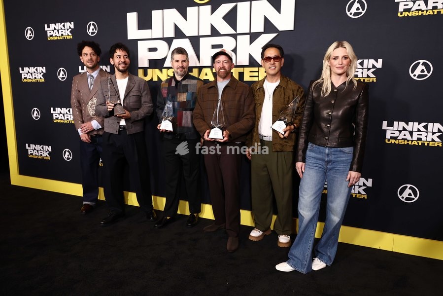 Colin Brittain, Mike Shinoda, Bradford Phillip Delson, Dave Farrell, Joseph Hahn and Emily Armstrong at the World Premiere Of Trafalgar Releasing's 'Linkin Park: Unshattered' held at the AMC The Grove 14 on September 24, 2026 in Beverly Grove, Los Angeles, California, United States