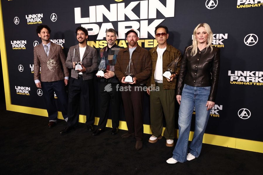 Colin Brittain, Mike Shinoda, Bradford Phillip Delson, Dave Farrell, Joseph Hahn and Emily Armstrong at the World Premiere Of Trafalgar Releasing's 'Linkin Park: Unshattered' held at the AMC The Grove 14 on September 24, 2026 in Beverly Grove, Los Angeles, California, United States