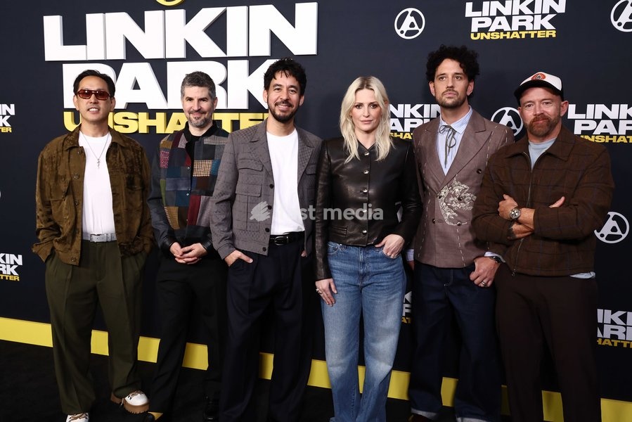 Joseph Hahn, Bradford Phillip Delson, Mike Shinoda, Emily Armstrong, Colin Brittain and Dave Farrell at the World Premiere Of Trafalgar Releasing's 'Linkin Park: Unshattered' held at the AMC The Grove 14 on September 24, 2026 in Beverly Grove, Los Angeles, California, United States