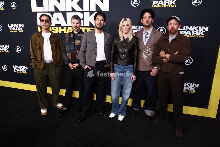 Joseph Hahn, Bradford Phillip Delson, Mike Shinoda, Emily Armstrong, Colin Brittain and Dave Farrell at the World Premiere Of Trafalgar Releasing's 'Linkin Park: Unshattered' held at the AMC The Grove 14 on September 24, 2026 in Beverly Grove, Los Angeles, California, United States