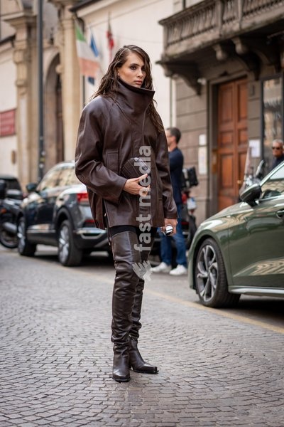 Street Style: A guest is seen outside of the Sportmax fashion show during the Milan Fashion Week - Womenswear Spring/Summer 2027 in Milan, Italy, on 25 September 2026
