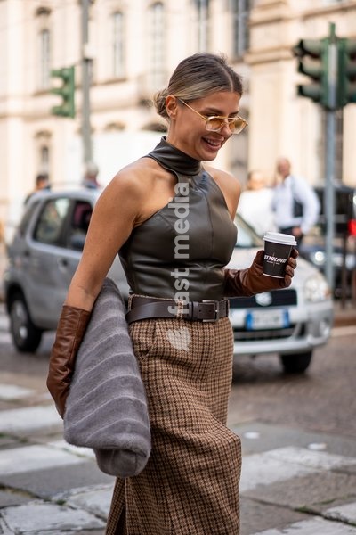 Street Style: A guest is seen outside of the Sportmax fashion show during the Milan Fashion Week - Womenswear Spring/Summer 2027 in Milan, Italy, on 25 September 2026
