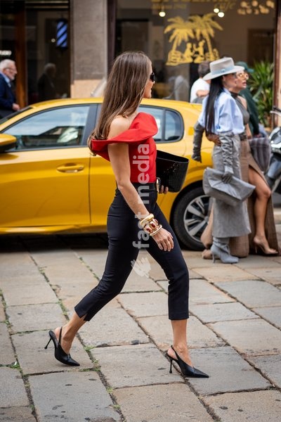 Street Style: Nina Sandbech is seen outside of the Sportmax fashion show during the Milan Fashion Week - Womenswear Spring/Summer 2027 in Milan, Italy, on 25 September 2026