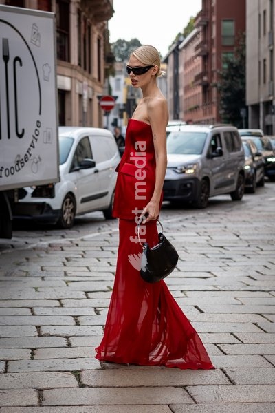 Street Style: Linda Schulz is seen outside of the Sportmax fashion show during the Milan Fashion Week - Womenswear Spring/Summer 2027 in Milan, Italy, on 25 September 2026
