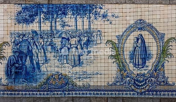 Historic Painel de Azulejos do Rossio on Praça da República with traditional scenes from the daily life of people from the historic region, Viseu, charming historic town in central Portugal with a well-preserved old town, Portugal, Portugal