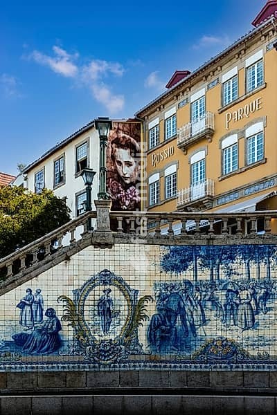 Historic Painel de Azulejos do Rossio on Praça da República with traditional scenes from the daily life of people from the historic region, Viseu, charming historic town in central Portugal with a well-preserved old town, Portugal, Portugal