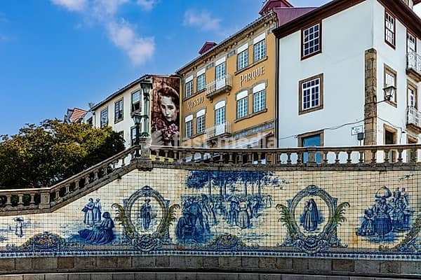 Historic Painel de Azulejos do Rossio on Praça da República with traditional scenes from the daily life of people from the historic region, Viseu, charming historic town in central Portugal with a well-preserved old town, Portugal, Portugal