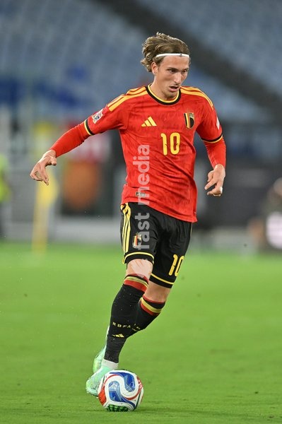 Mika Godts of Belgium seen in action during the Italy vs Belgium match of the 2026 UEFA Nations League at Olympic Stadium in Rome, Italy, on 25 September 2026. Italy vs Belgium 0-2