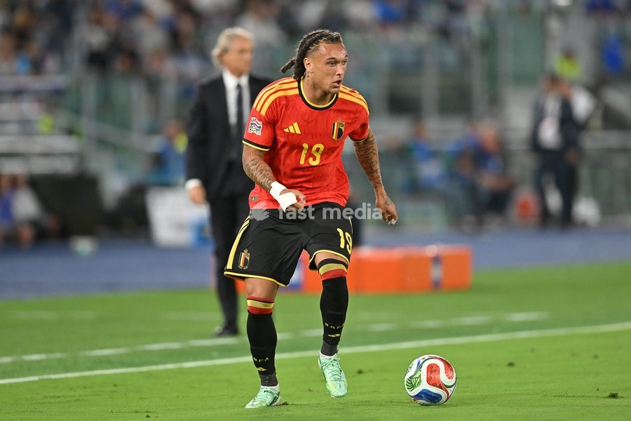 Diego Moreira of Belgium seen in action during the Italy vs Belgium match of the 2026 UEFA Nations League at Olympic Stadium in Rome, Italy, on 25 September 2026. Italy vs Belgium 0-2