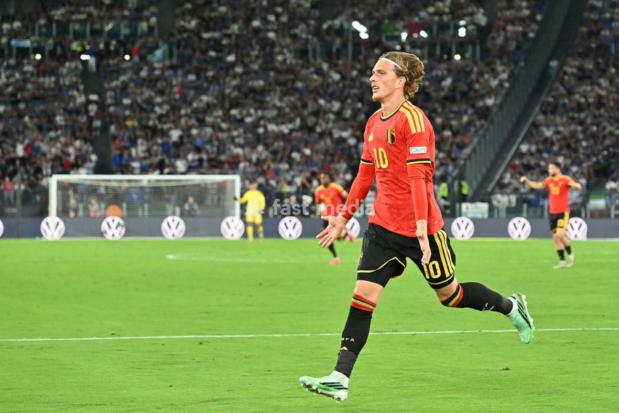 Mika Godts of Belgium celebrates scoring a goal for 0-1 during the Italy vs Belgium match of the 2026 UEFA Nations League at Olympic Stadium in Rome, Italy, on 25 September 2026. Italy vs Belgium 0-2