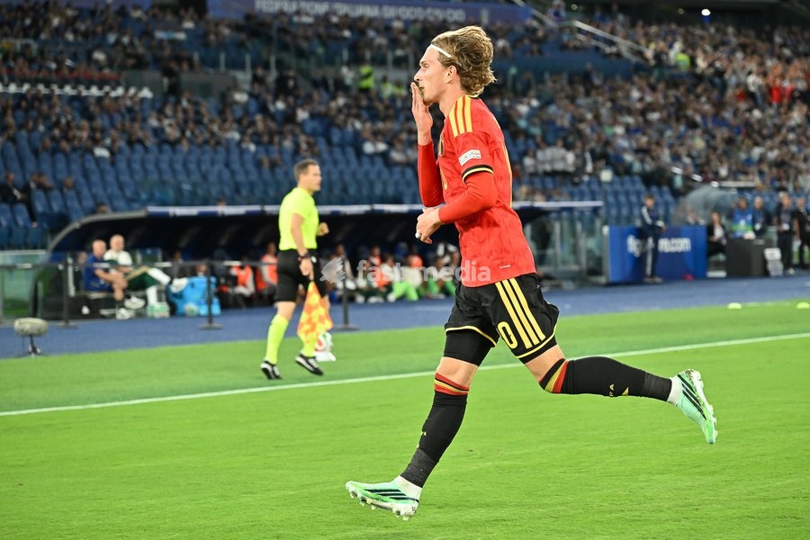 Mika Godts of Belgium celebrates scoring a goal for 0-1 during the Italy vs Belgium match of the 2026 UEFA Nations League at Olympic Stadium in Rome, Italy, on 25 September 2026. Italy vs Belgium 0-2