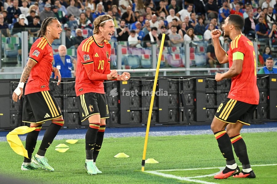 Mika Godts of Belgium celebrates scoring a goal for 0-1 during the Italy vs Belgium match of the 2026 UEFA Nations League at Olympic Stadium in Rome, Italy, on 25 September 2026. Italy vs Belgium 0-2