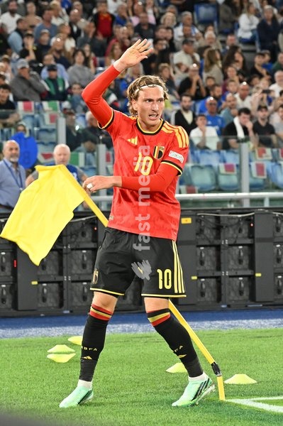 Mika Godts of Belgium celebrates scoring a goal for 0-1 during the Italy vs Belgium match of the 2026 UEFA Nations League at Olympic Stadium in Rome, Italy, on 25 September 2026. Italy vs Belgium 0-2