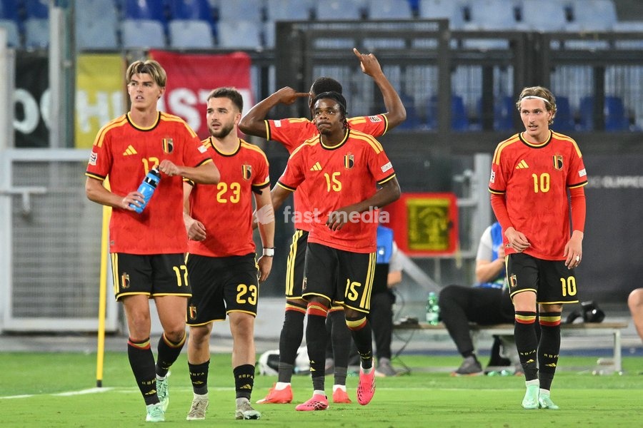 Belgium’s players celebrate after the 0-2 goal during the Italy vs Belgium match of the 2026 UEFA Nations League at Olympic Stadium in Rome, Italy, on 25 September 2026. Italy vs Belgium 0-2