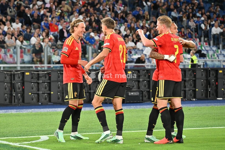 Mika Godts of Belgium celebrates scoring a goal for 0-1 during the Italy vs Belgium match of the 2026 UEFA Nations League at Olympic Stadium in Rome, Italy, on 25 September 2026. Italy vs Belgium 0-2