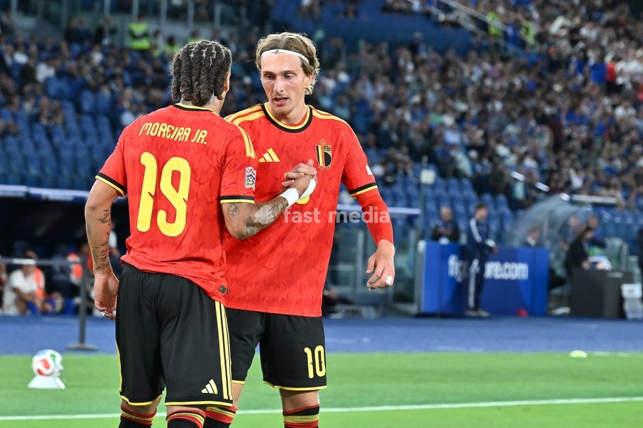 Mika Godts of Belgium celebrates scoring a goal for 0-1 during the Italy vs Belgium match of the 2026 UEFA Nations League at Olympic Stadium in Rome, Italy, on 25 September 2026. Italy vs Belgium 0-2