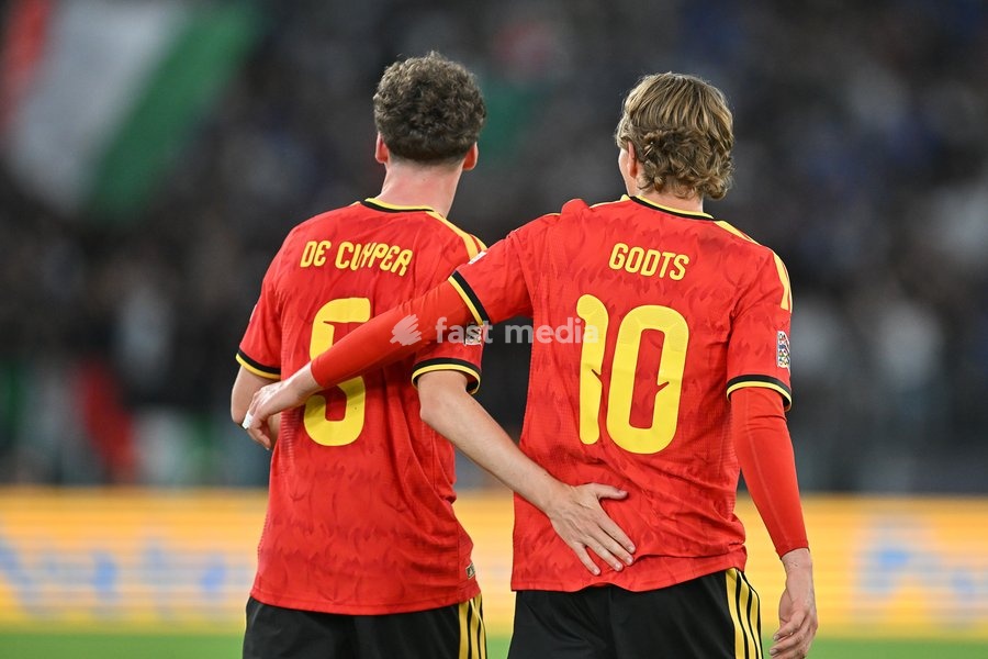Mika Godts of Belgium celebrates scoring a goal for 0-1 during the Italy vs Belgium match of the 2026 UEFA Nations League at Olympic Stadium in Rome, Italy, on 25 September 2026. Italy vs Belgium 0-2