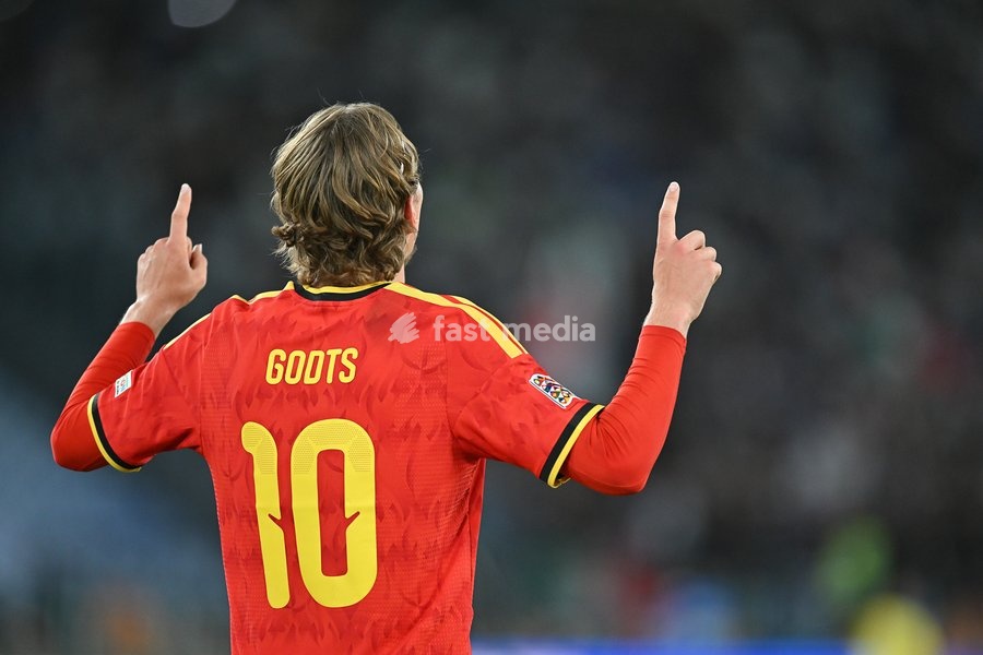 Mika Godts of Belgium celebrates scoring a goal for 0-1 during the Italy vs Belgium match of the 2026 UEFA Nations League at Olympic Stadium in Rome, Italy, on 25 September 2026. Italy vs Belgium 0-2