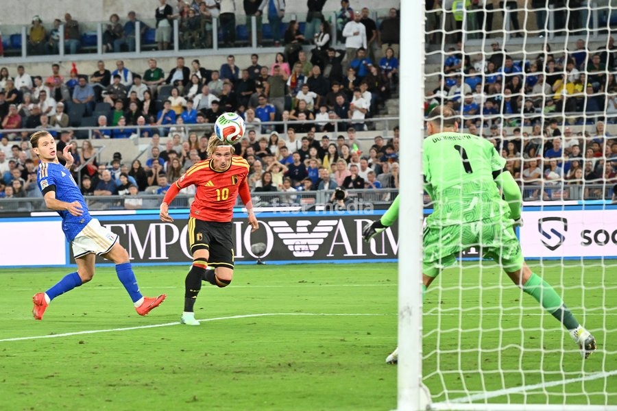 Mika Godts of Belgium shoots at goal during the Italy vs Belgium match of the 2026 UEFA Nations League at Olympic Stadium in Rome, Italy, on 25 September 2026. Italy vs Belgium 0-2