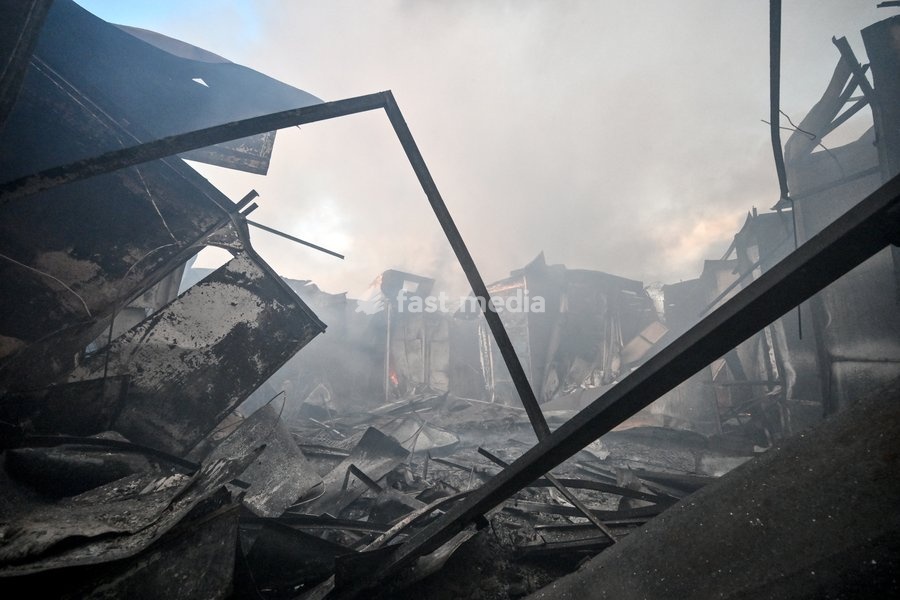 Retail pavilions are destroyed at the Central Clothes Market (Anholenko) in Zaporizhzhia, Ukraine, September 26, 2026. The market sustained significant damage in a Russian drone attack