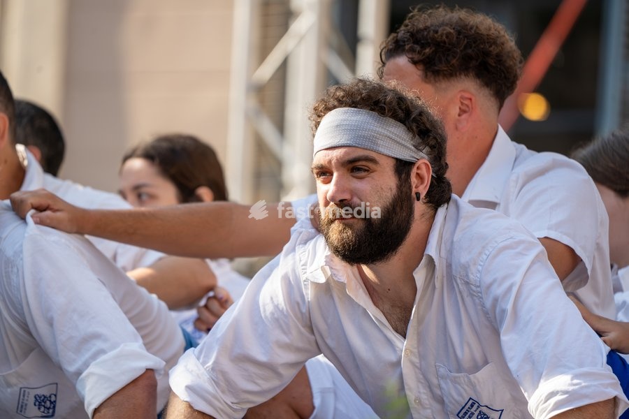 Members of Falcons de Vilanova i la Geltrú perform human figures during the traditional La Mercè festival celebrations, September 27, 2026, Plaça Sant Jaume, Barcelona, Catalonia