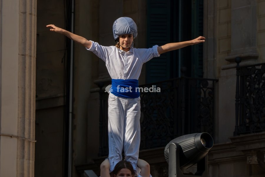 Members of Falcons de Vilanova i la Geltrú perform human figures during the traditional La Mercè festival celebrations, September 27, 2026, Plaça Sant Jaume, Barcelona, Catalonia