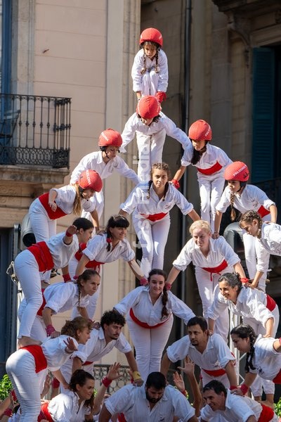 Members of Falcons de Barcelona perform human figures during the traditional La Mercè festival celebrations, September 27, 2026, Plaça Sant Jaume, Barcelona, Catalonia