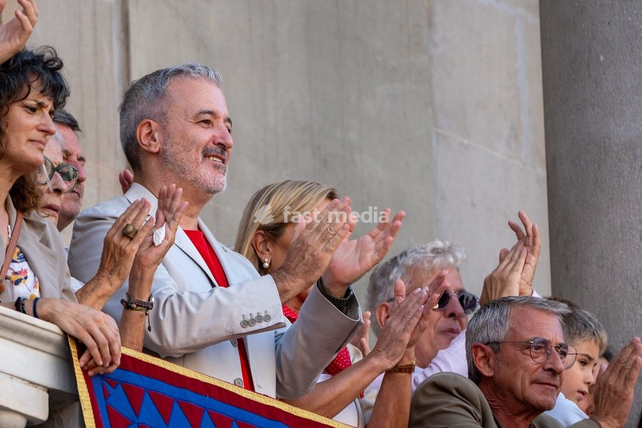 The Mayor of Barcelona, Jaume Collboni, watches the human towers performance during the traditional La Mercè festival celebrations, September 27, 2026, Plaça Sant Jaume, Barcelona, Catalonia