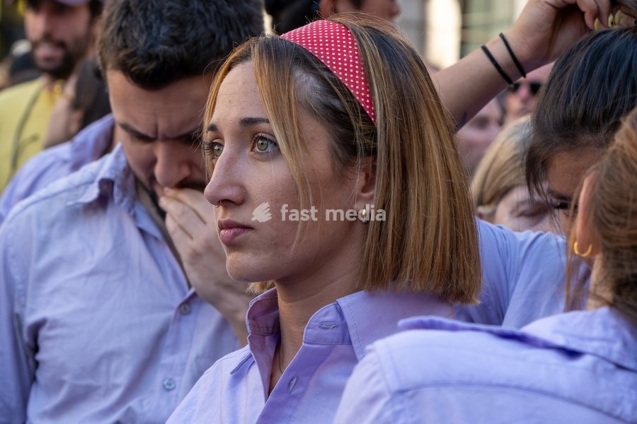 A member of Castellers de Terrassa during the human towers performance at the traditional La Mercè festival celebrations, September 27, 2026, Plaça Sant Jaume, Barcelona, Catalonia