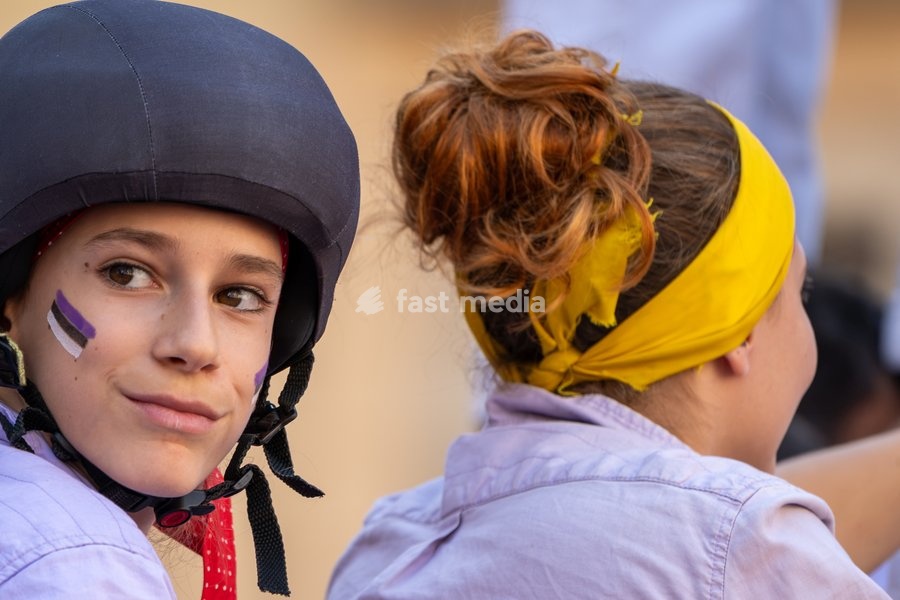 A member of Castellers de Terrassa during the human towers performance at the traditional La Mercè festival celebrations, September 27, 2026, Plaça Sant Jaume, Barcelona, Catalonia