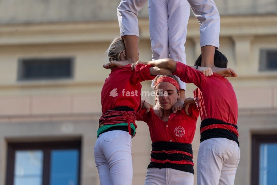 A member of Colla Jove dels Xiquets de Valls during the human towers performance at the traditional La Mercè festival celebrations, September 27, 2026, Plaça Sant Jaume, Barcelona, Catalonia