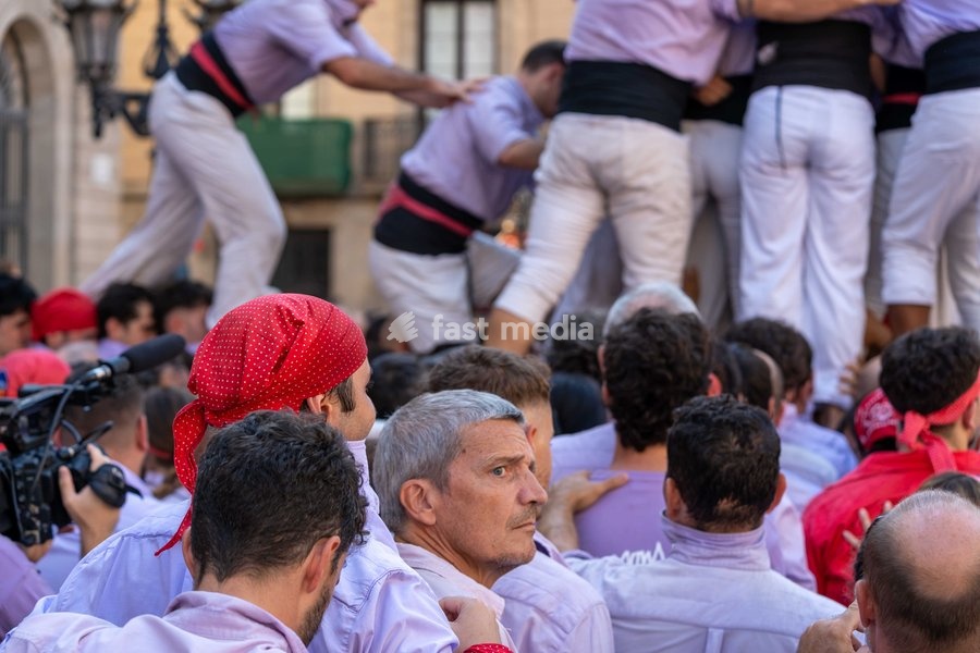 A member of Castellers de Terrassa during the human towers performance at the traditional La Mercè festival celebrations, September 27, 2026, Plaça Sant Jaume, Barcelona, Catalonia