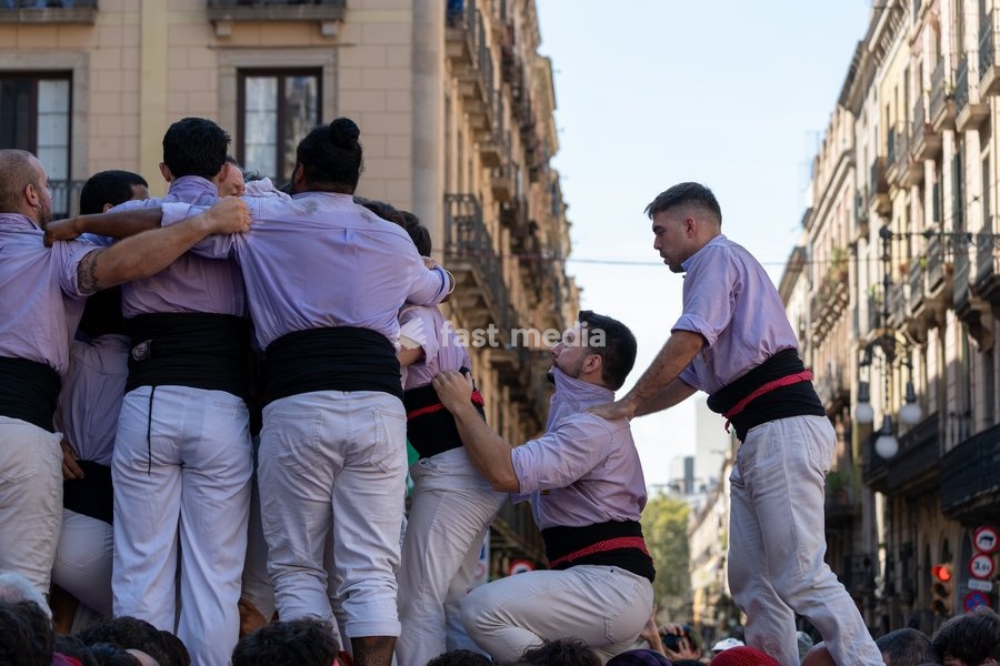 A member of Castellers de Terrassa during the human towers performance at the traditional La Mercè festival celebrations, September 27, 2026, Plaça Sant Jaume, Barcelona, Catalonia