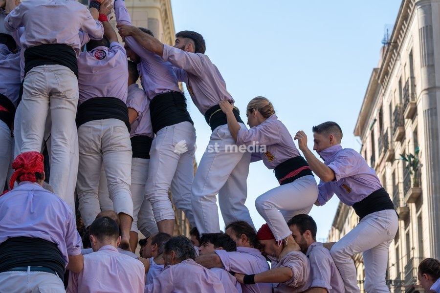 Members of Castellers de Terrassa during the human towers performance at the traditional La Mercè festival celebrations, September 27, 2026, Plaça Sant Jaume, Barcelona, Catalonia